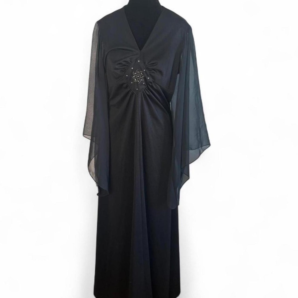Vintage Black Maxi Dress Sheer Angel Sleeves Beaded Goth Evening Gown 16